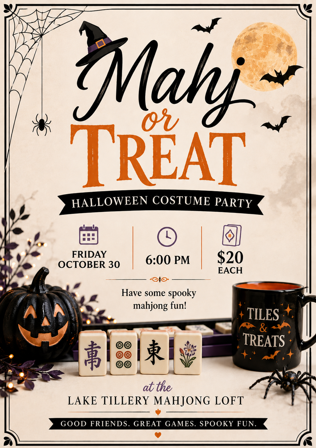 Mahj or Treat Halloween costume party flyer — Friday October 30, 6:00 PM, $20 each, at the Lake Tillery Mahjong Loft